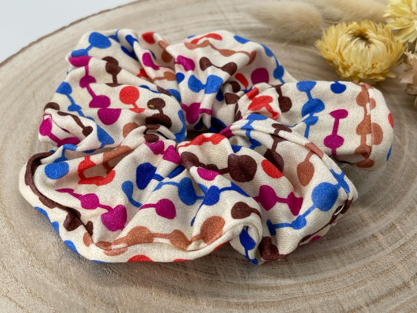 Modal Scrunchie Haargummi Retro bunte Punkte auf weiss
