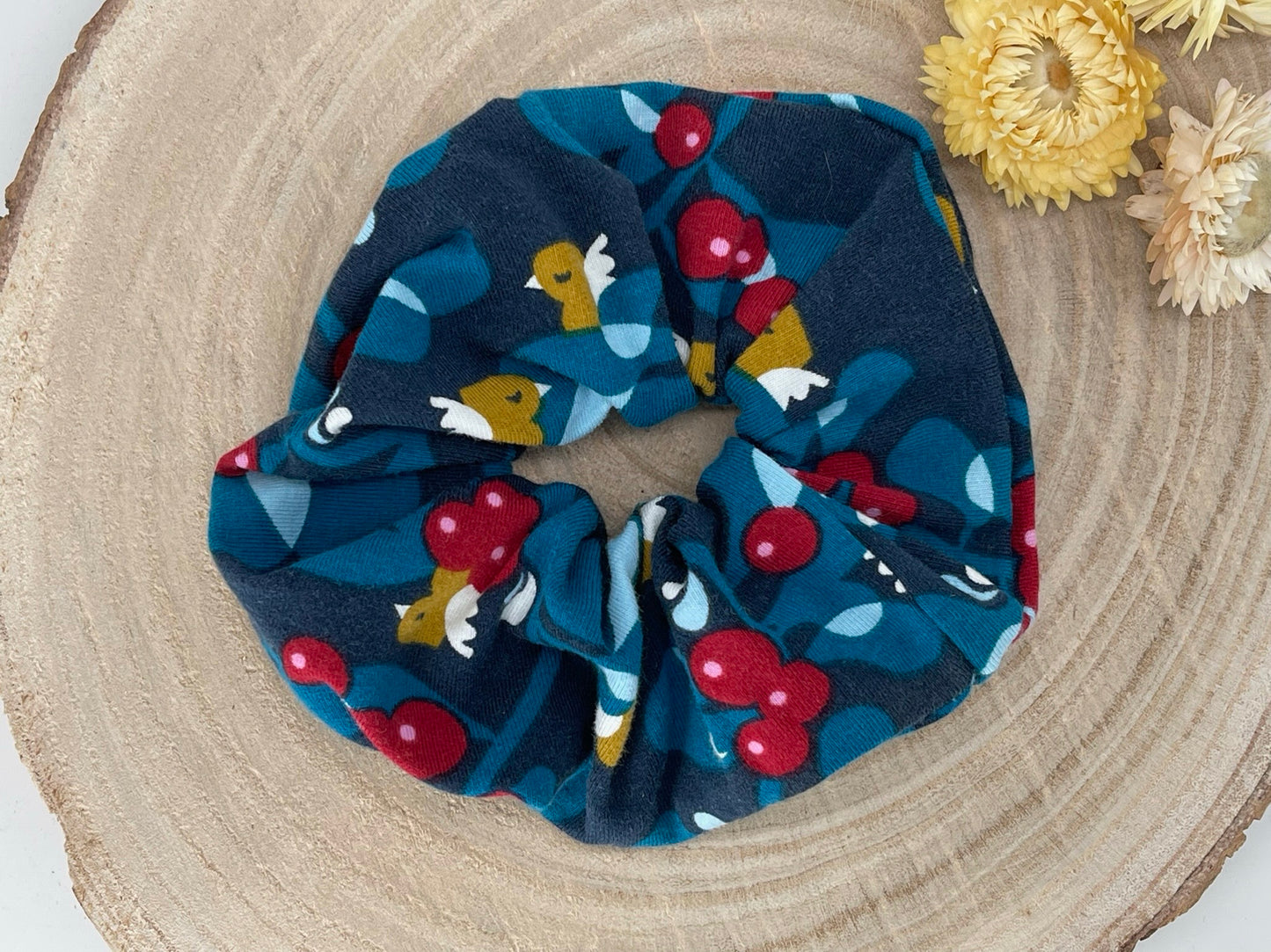 Jersey Scrunchie Haargummi Herbst Vögel auf blau
