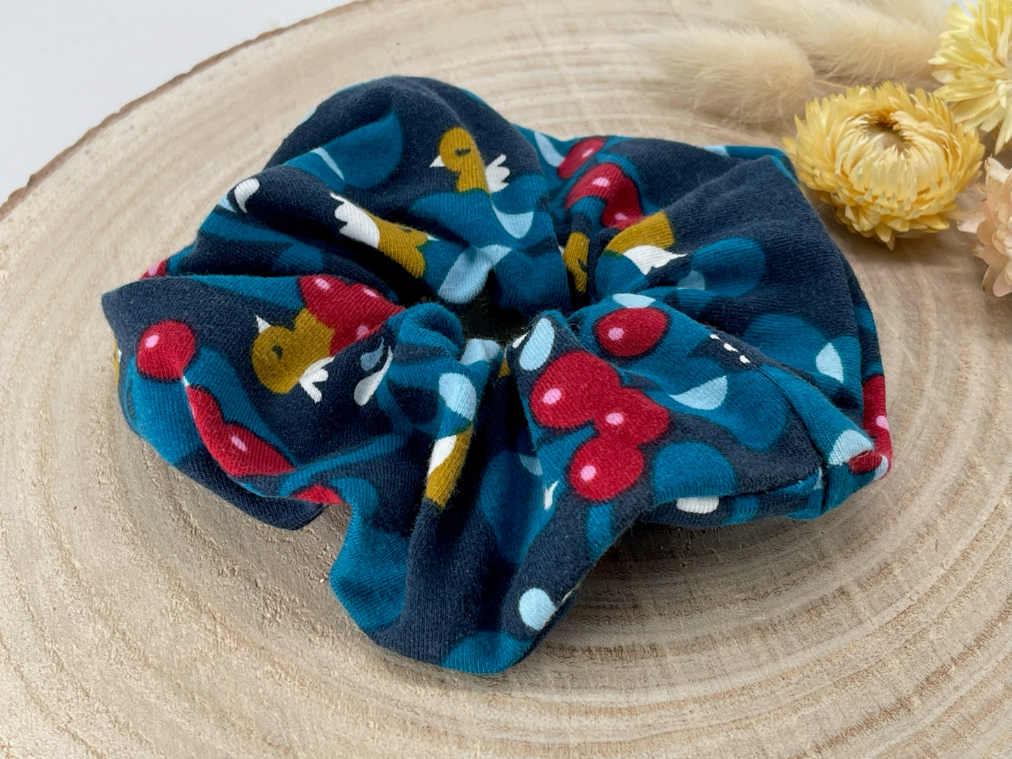 Jersey Scrunchie Haargummi Herbst Vögel auf blau