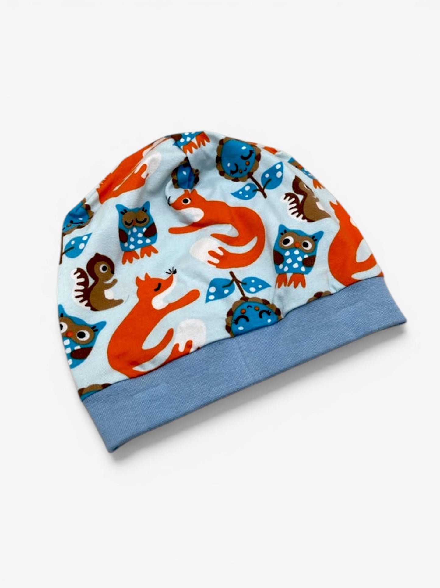 Beanie für Kinder mit Bund - Wildtiere Motiv auf blau