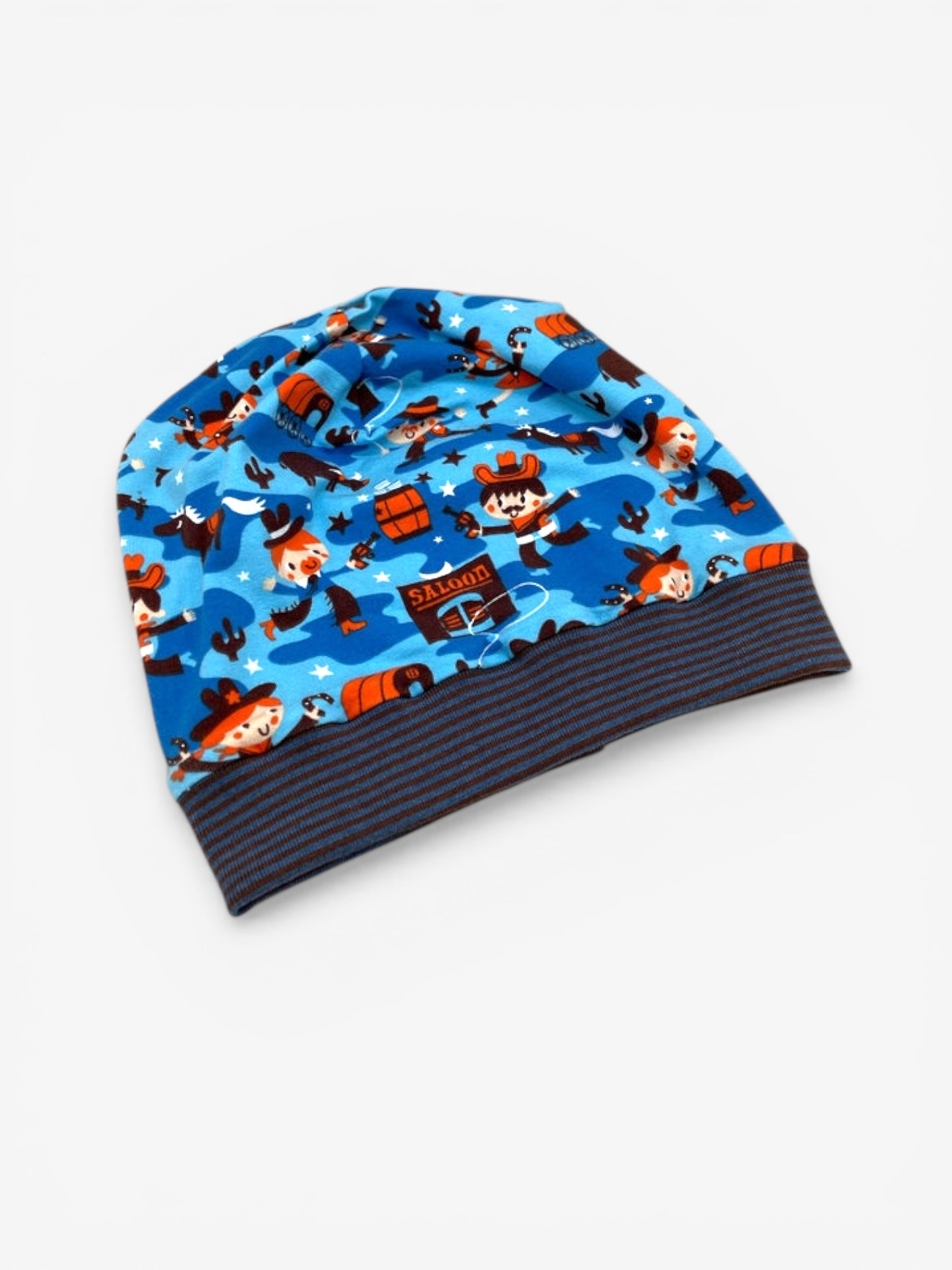 Beanie für Kinder mit Bund - Western Motiv auf blau
