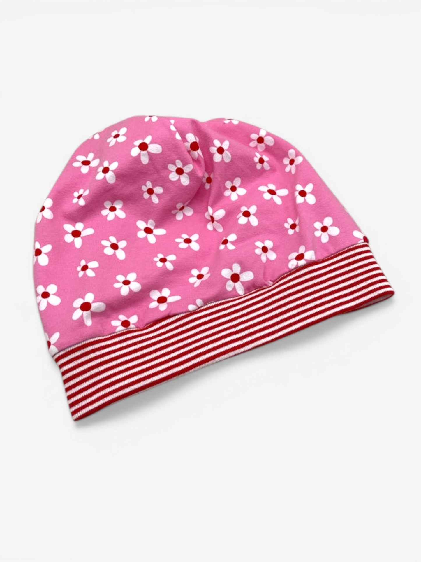 Beanie für Kinder mit Bund - Blumen Motiv auf rosa