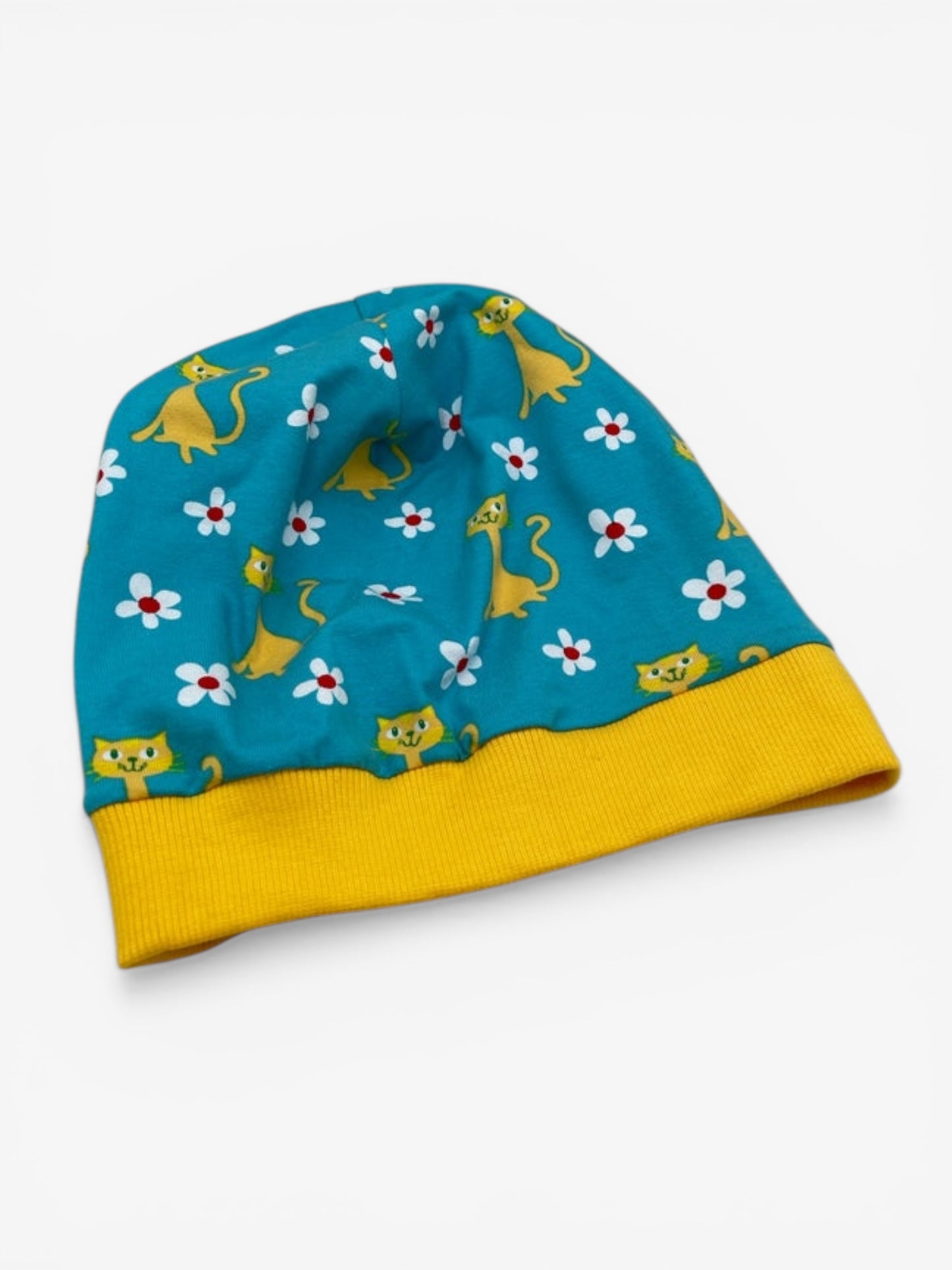 Beanie für Kinder mit Bund - Katzen Motiv auf blau
