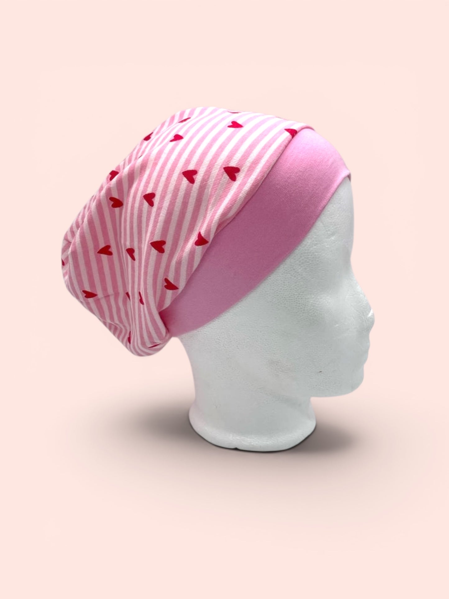 Beanie für Kinder mit Bund - Herzen rosa gestreift