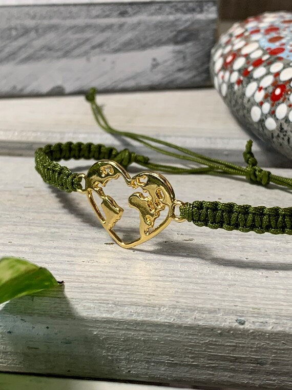 Freundschaftsarmband Makramee Schmuck Armband Herz Welt goldfarben