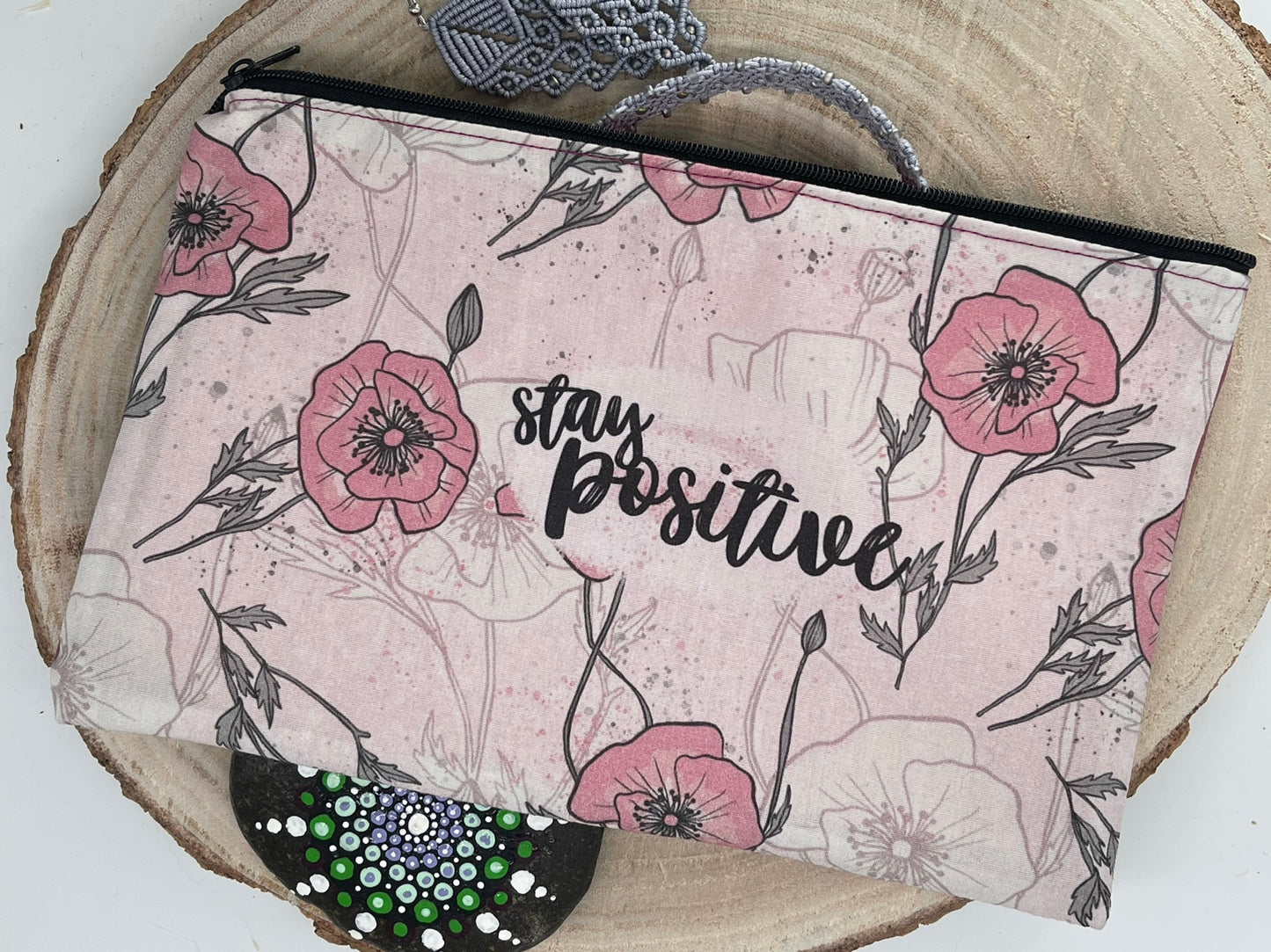 Stylische Federtasche Stifttasche Mäppchen Kosmetik kleine Tasche stay positive rosa
