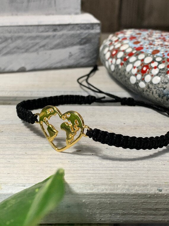 Freundschaftsarmband Makramee Schmuck Armband Herz Welt goldfarben