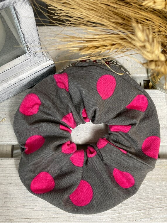 Scrunchie Haargummi grau mit rosa Punkten