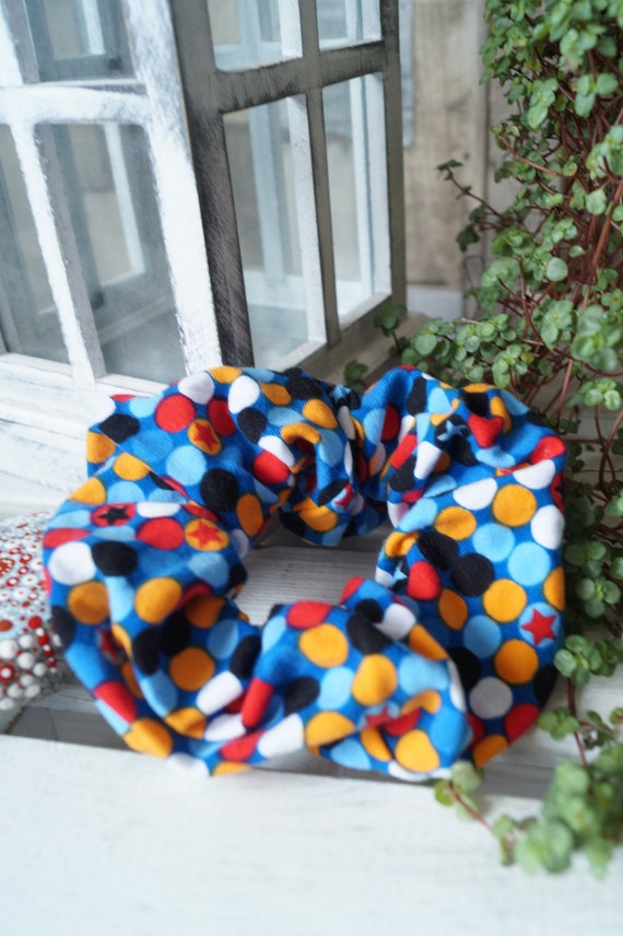 Jersey Scrunchie Haargummi kunterbunte Punkte auf blau