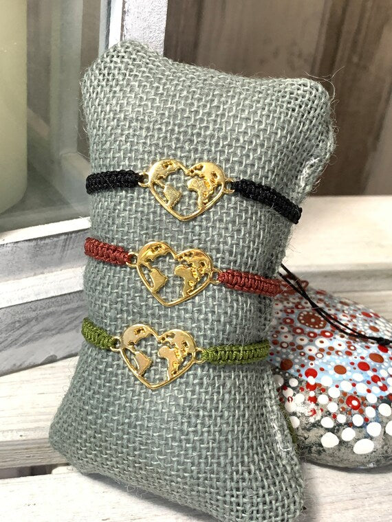 Freundschaftsarmband Makramee Schmuck Armband Herz Welt goldfarben