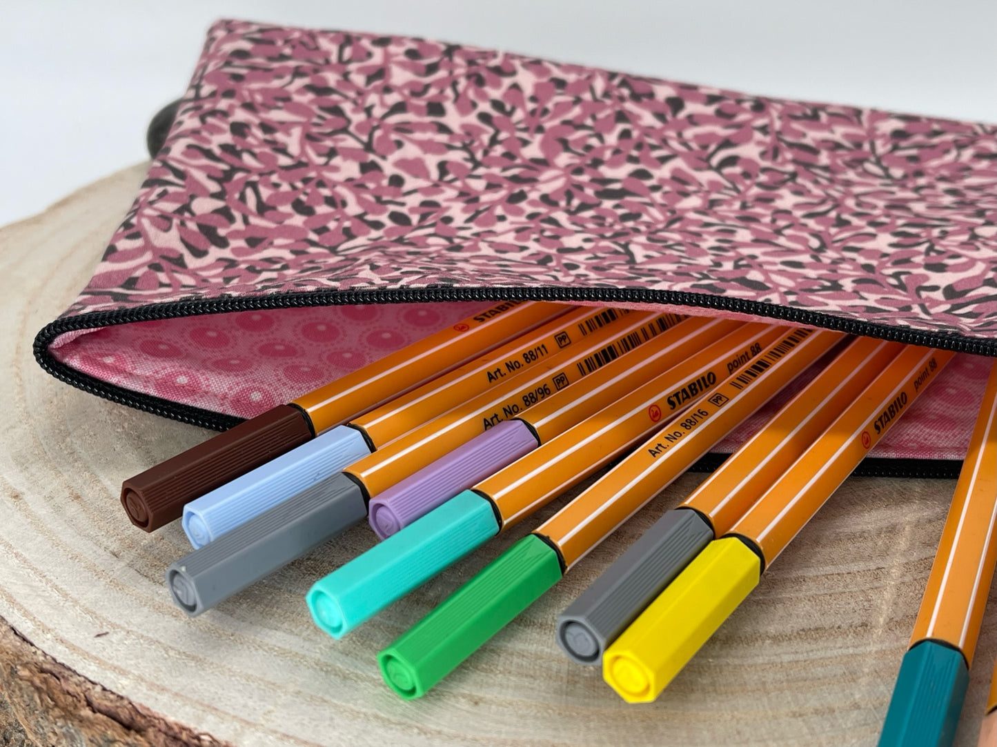 Stylische Federtasche Stifttasche Mäppchen Kosmetik kleine Tasche Blätter grau/rosa