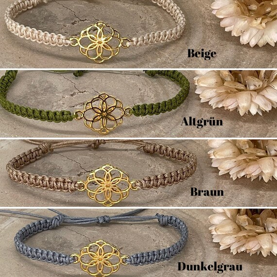 Freundschaftsarmband Makramee Schmuck Armband Blumen Mosaik goldfarben