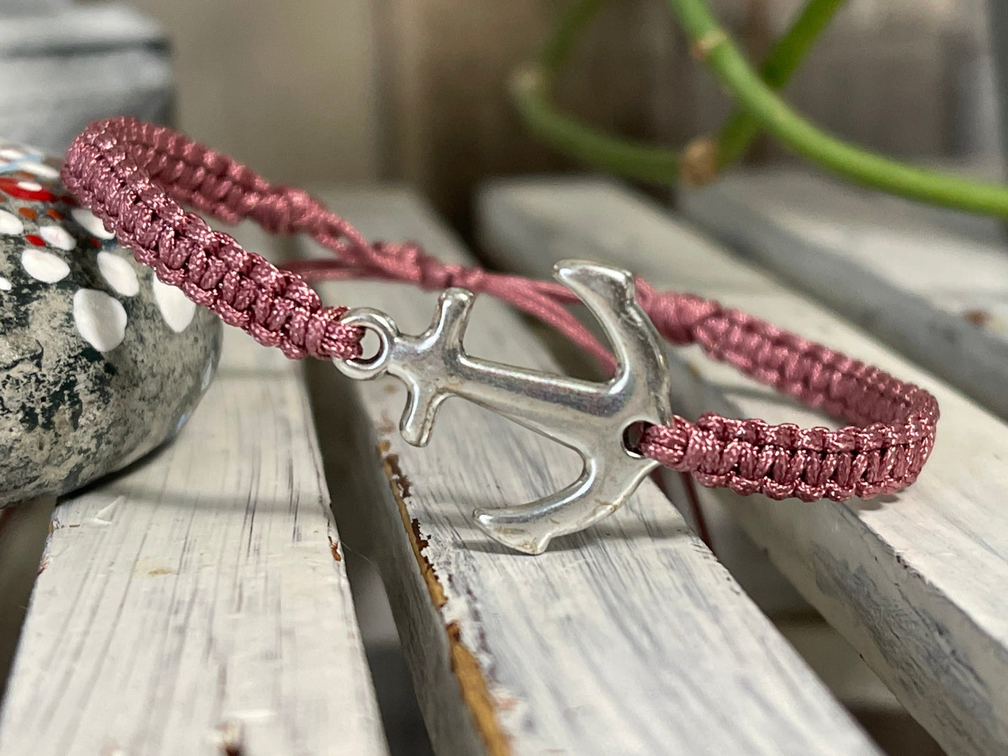Makrameearmband Freundschaftsarmband Schmuck Armband mit silberfarbenes Edelstahl großer Anker