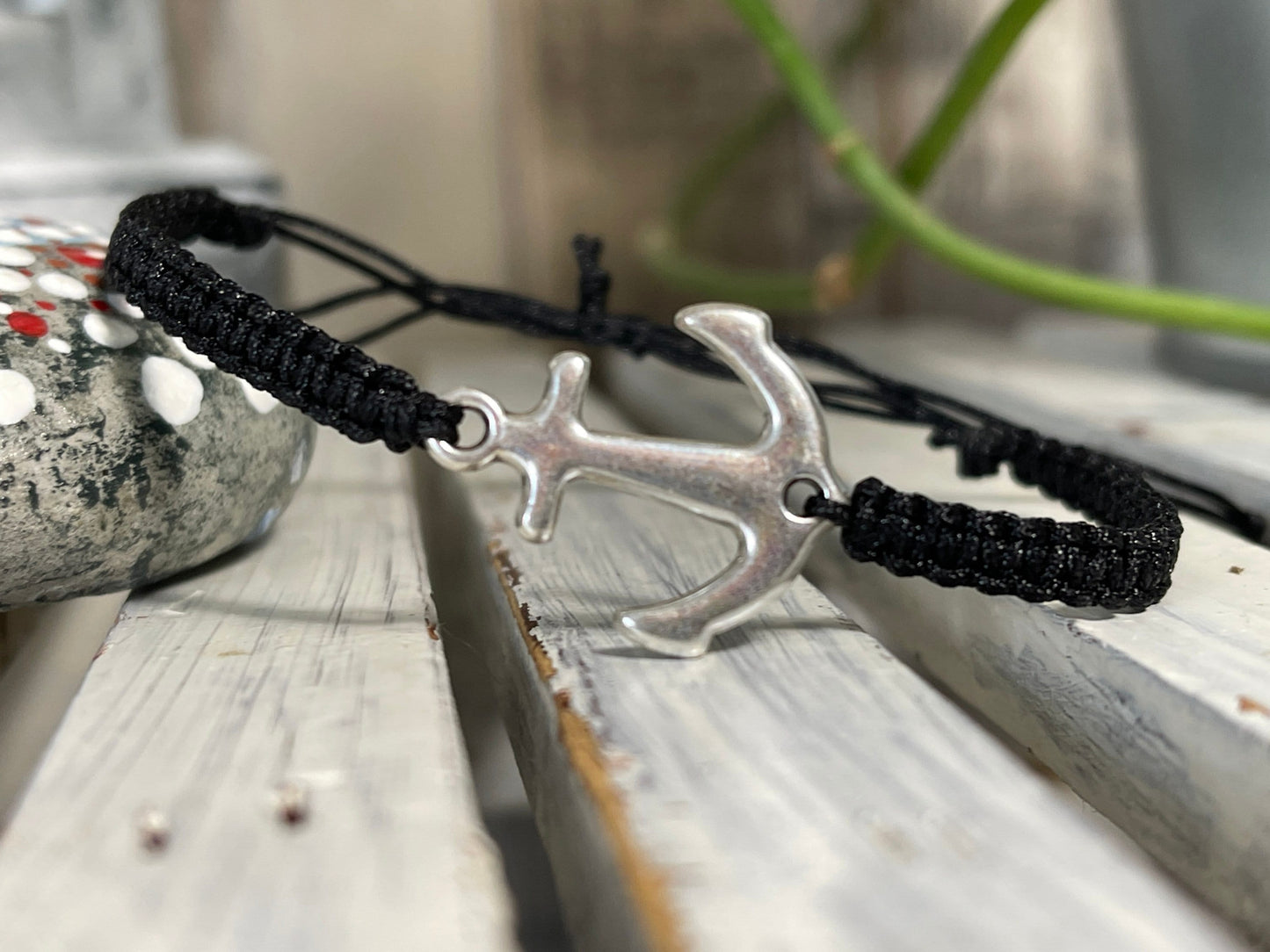 Makrameearmband Freundschaftsarmband Schmuck Armband mit silberfarbenes Edelstahl großer Anker