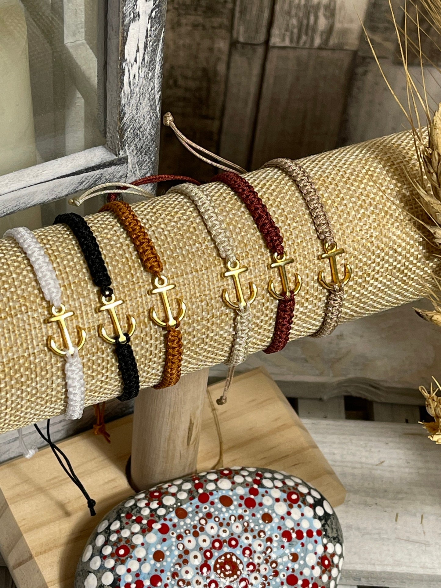 Freundschaftsarmband Makramee Schmuck Armband kleiner Anker goldfarben