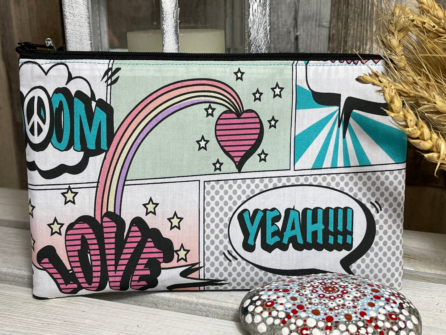 Stylische Federtasche Stifttasche Mäppchen Kosmetik kleine Tasche Comic rosa-Türkis