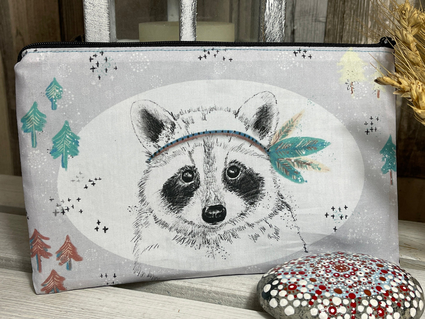 Stylische Federtasche Stifttasche Mäppchen Kosmetik kleine Tasche Indianer Waschbär