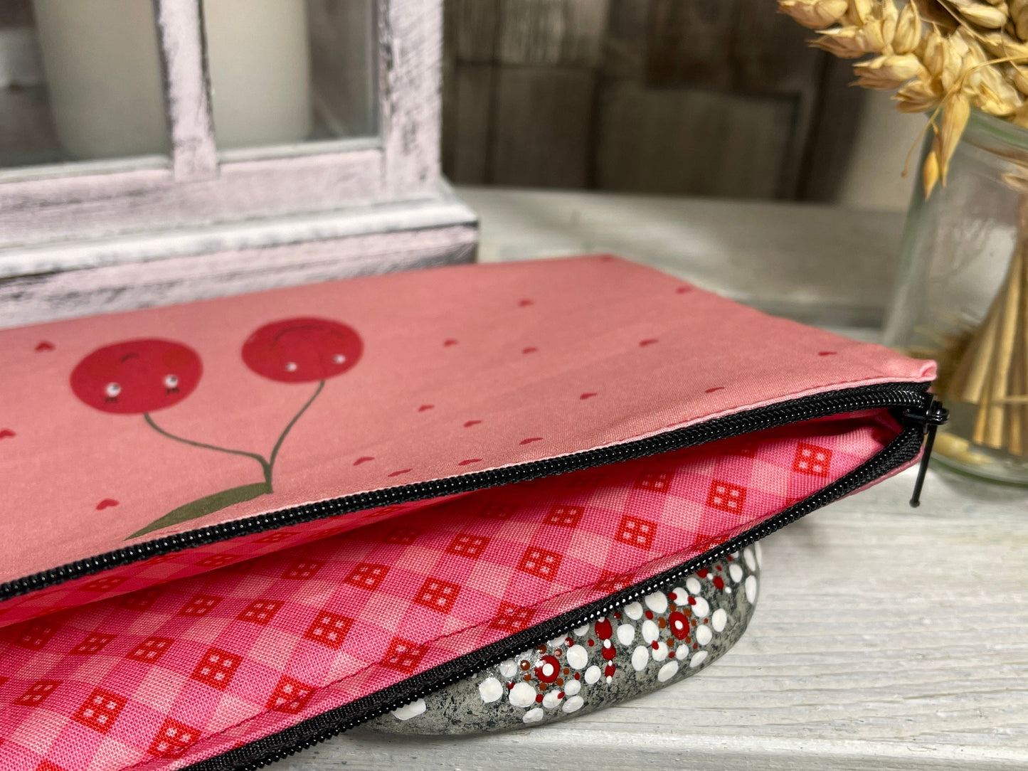 Stylische Federtasche Stifttasche Kirschen rosa