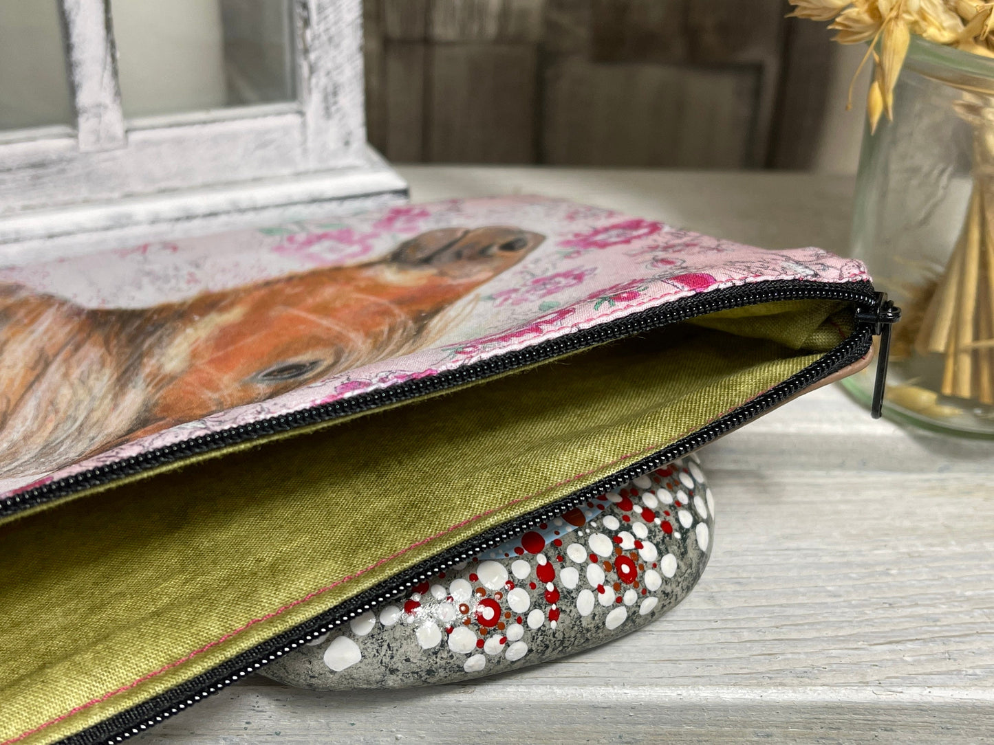 Stylische Federtasche Stifttasche Mäppchen Kosmetik kleine Tasche Pony & Blumen