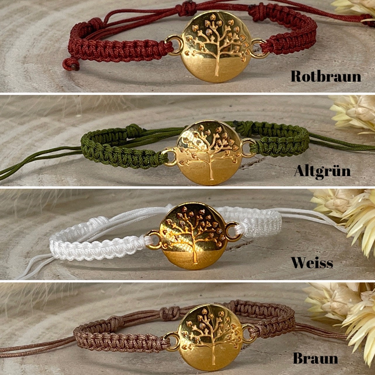 Makrameearmband Freundschaftsarmband Schmuck Armband mit goldfarbenes nickelfreies Edelstahl Symbol Herz Baum