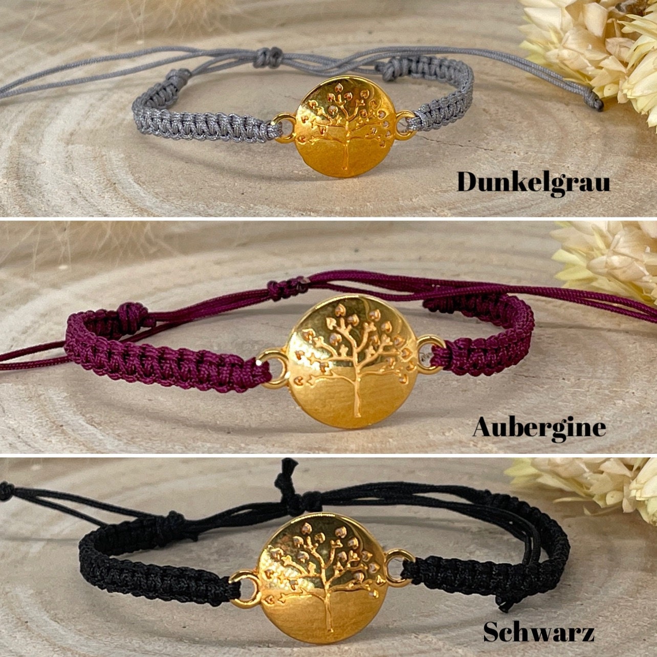 Makrameearmband Freundschaftsarmband Schmuck Armband mit goldfarbenes nickelfreies Edelstahl Symbol Herz Baum