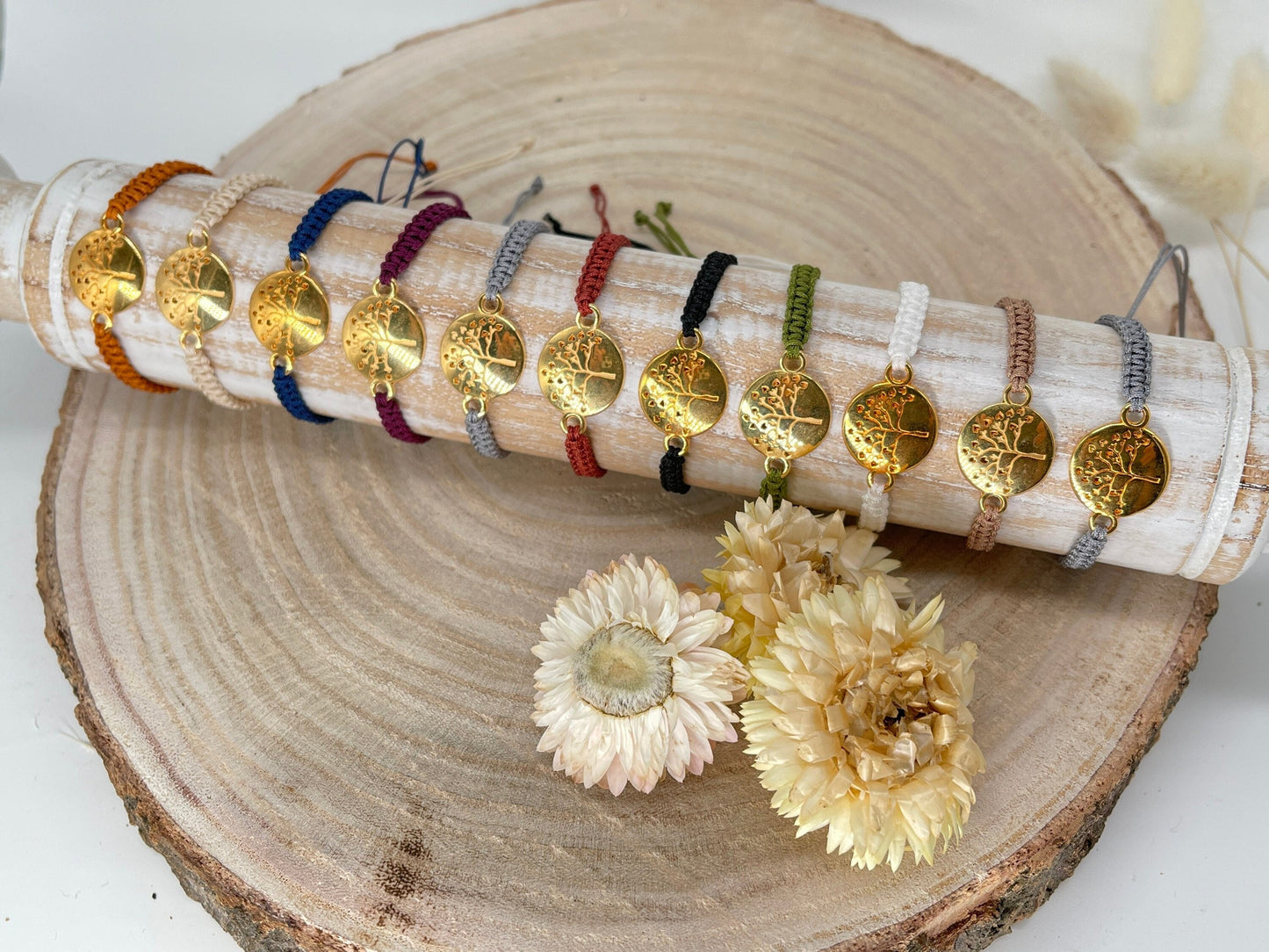 Makrameearmband Freundschaftsarmband Schmuck Armband mit goldfarbenes nickelfreies Edelstahl Symbol Herz Baum