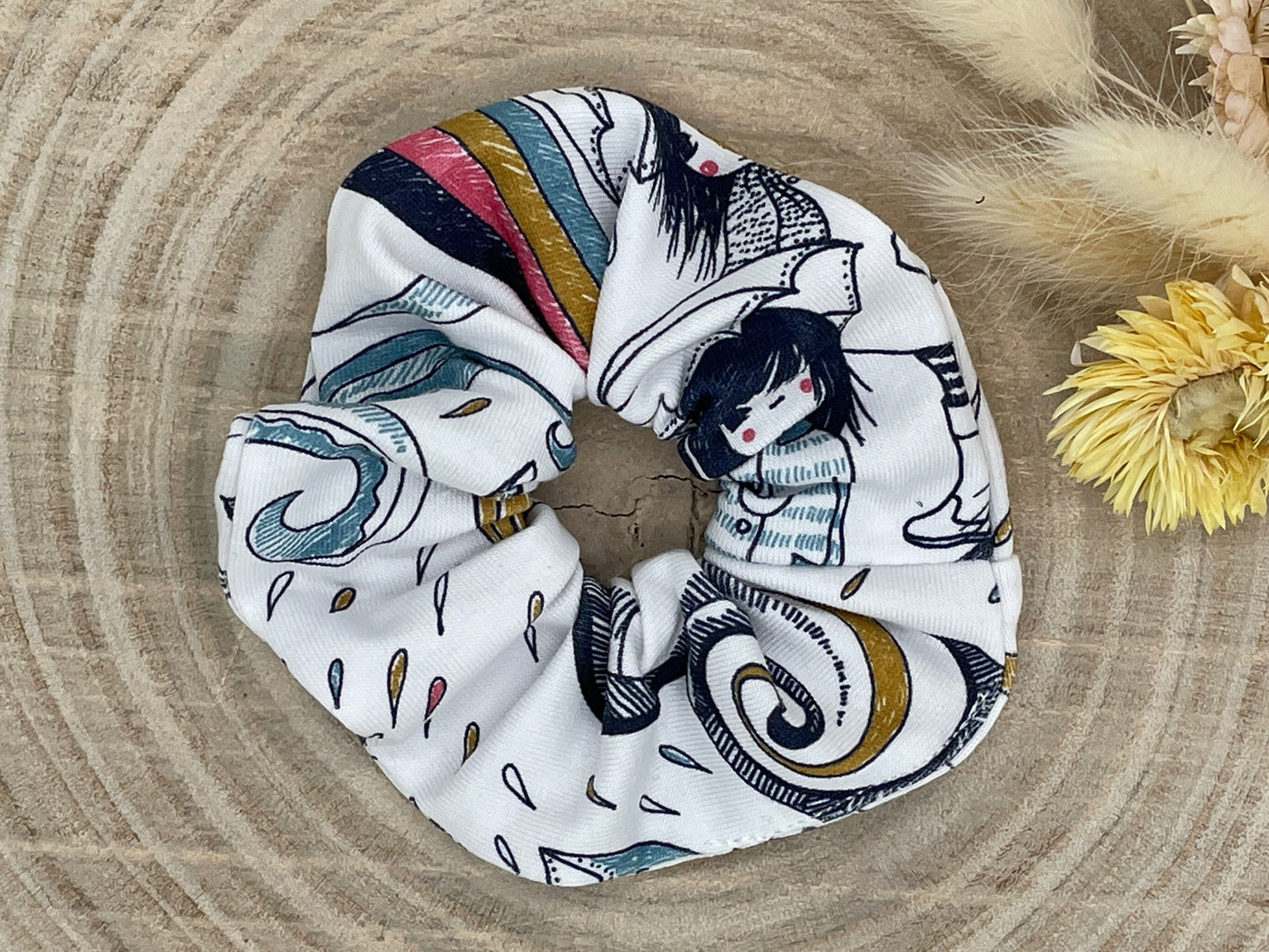 Scrunchie Haargummi elastisches Haarband Regen auf weiß für feines oder dickes Haar