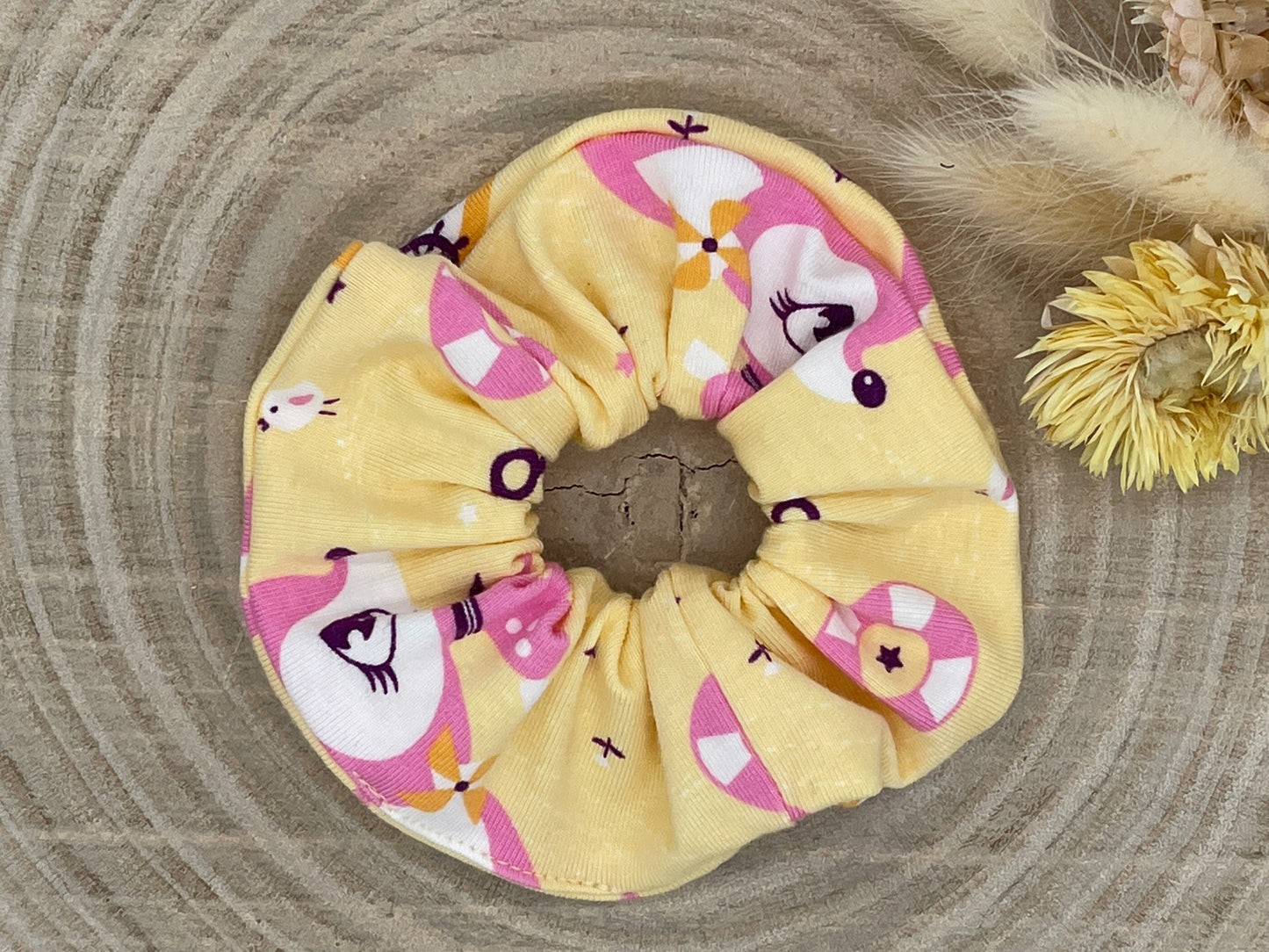 Scrunchie Haargummi elastisches Haarband gelb mit Rehkitz für feines oder dickes Haar