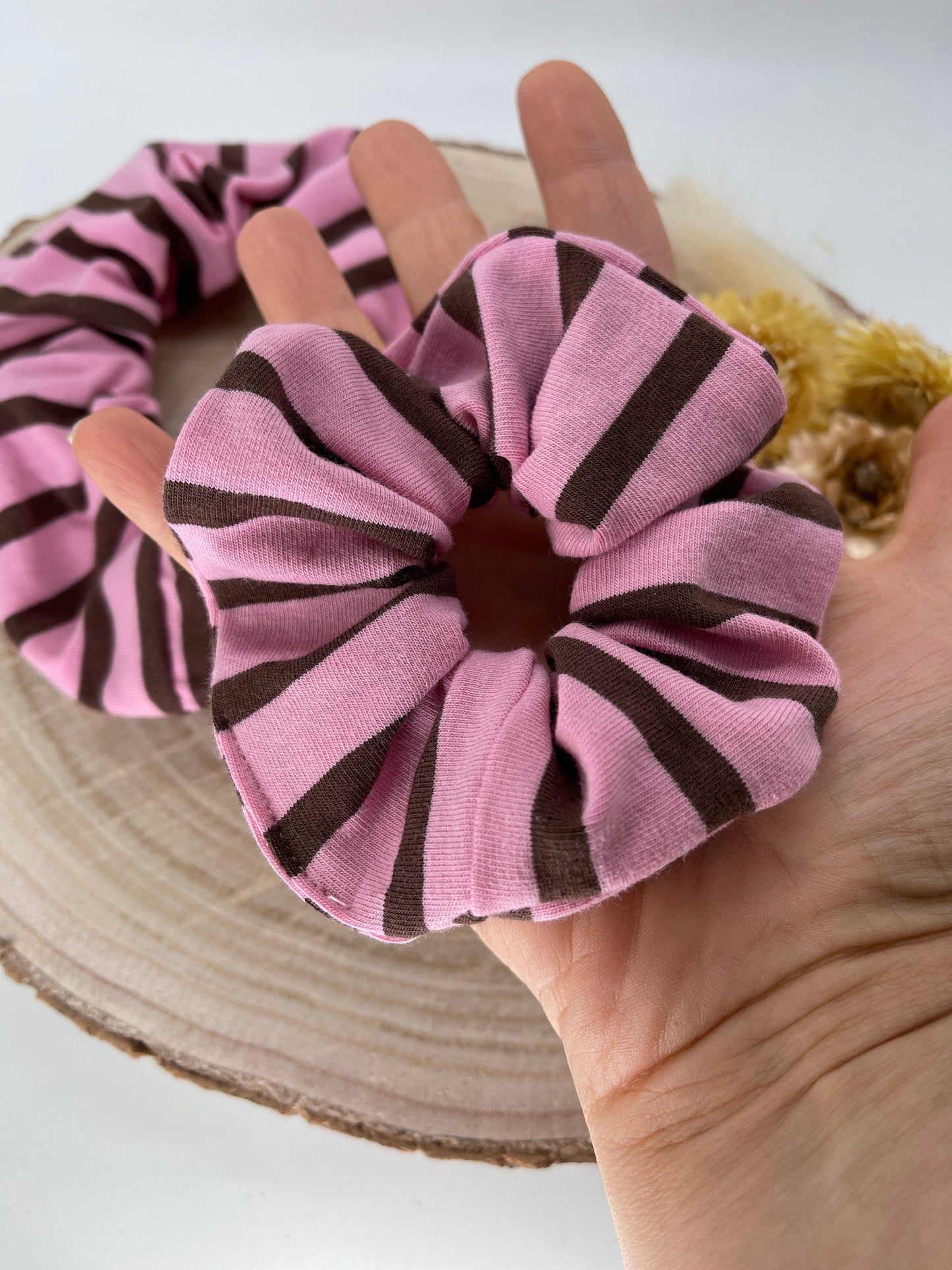 Scrunchie Haargummi elastisches Haarband Streifen rosa braun für feines oder dickes Haar