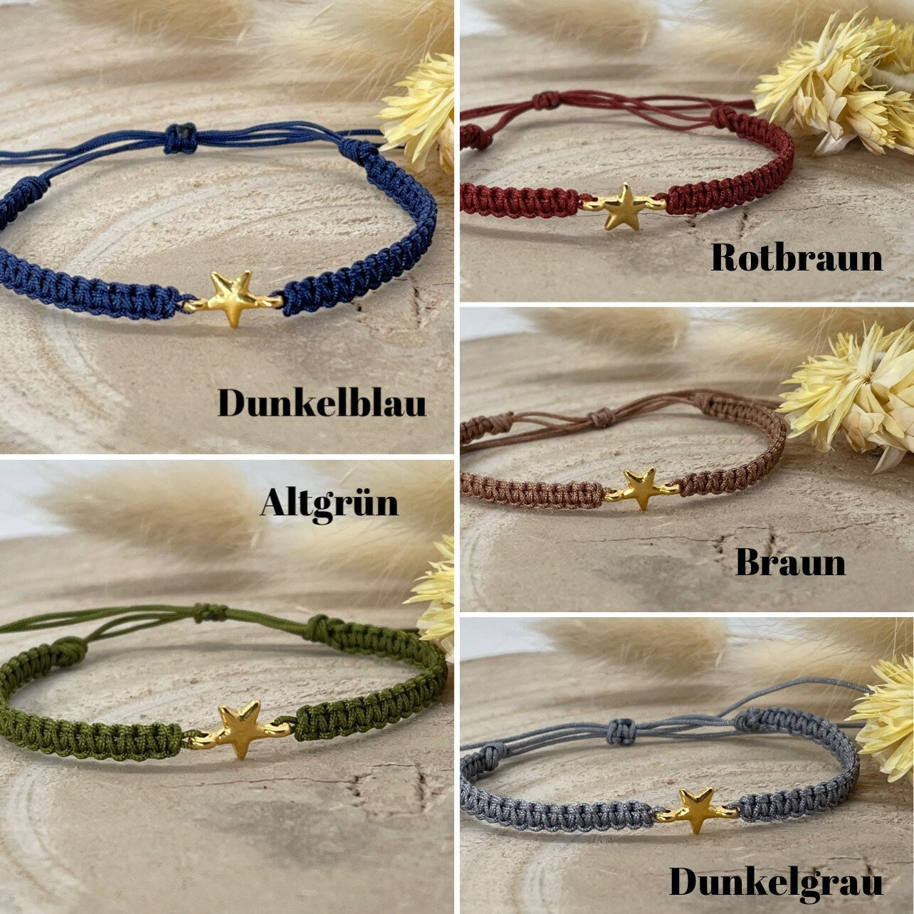 Makrameearmband Freundschaftsarmband Schmuck Armband mit goldfarbenes Edelstahl Anhänger Kleiner Stern