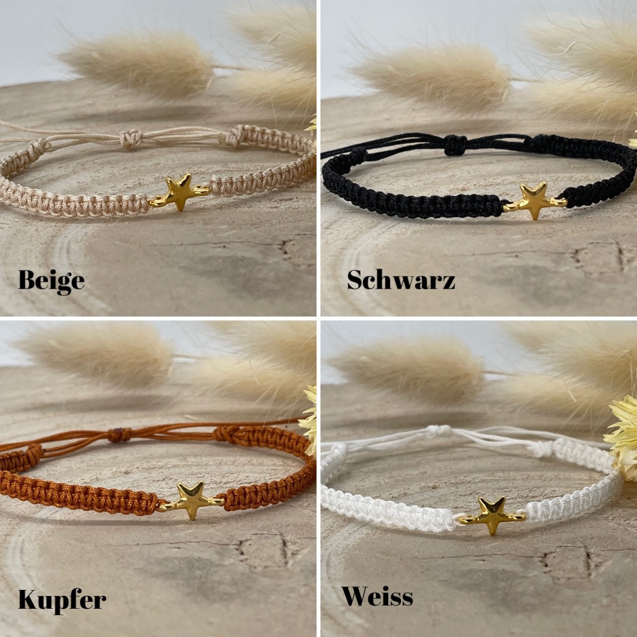 Makrameearmband Freundschaftsarmband Schmuck Armband mit goldfarbenes Edelstahl Anhänger Kleiner Stern