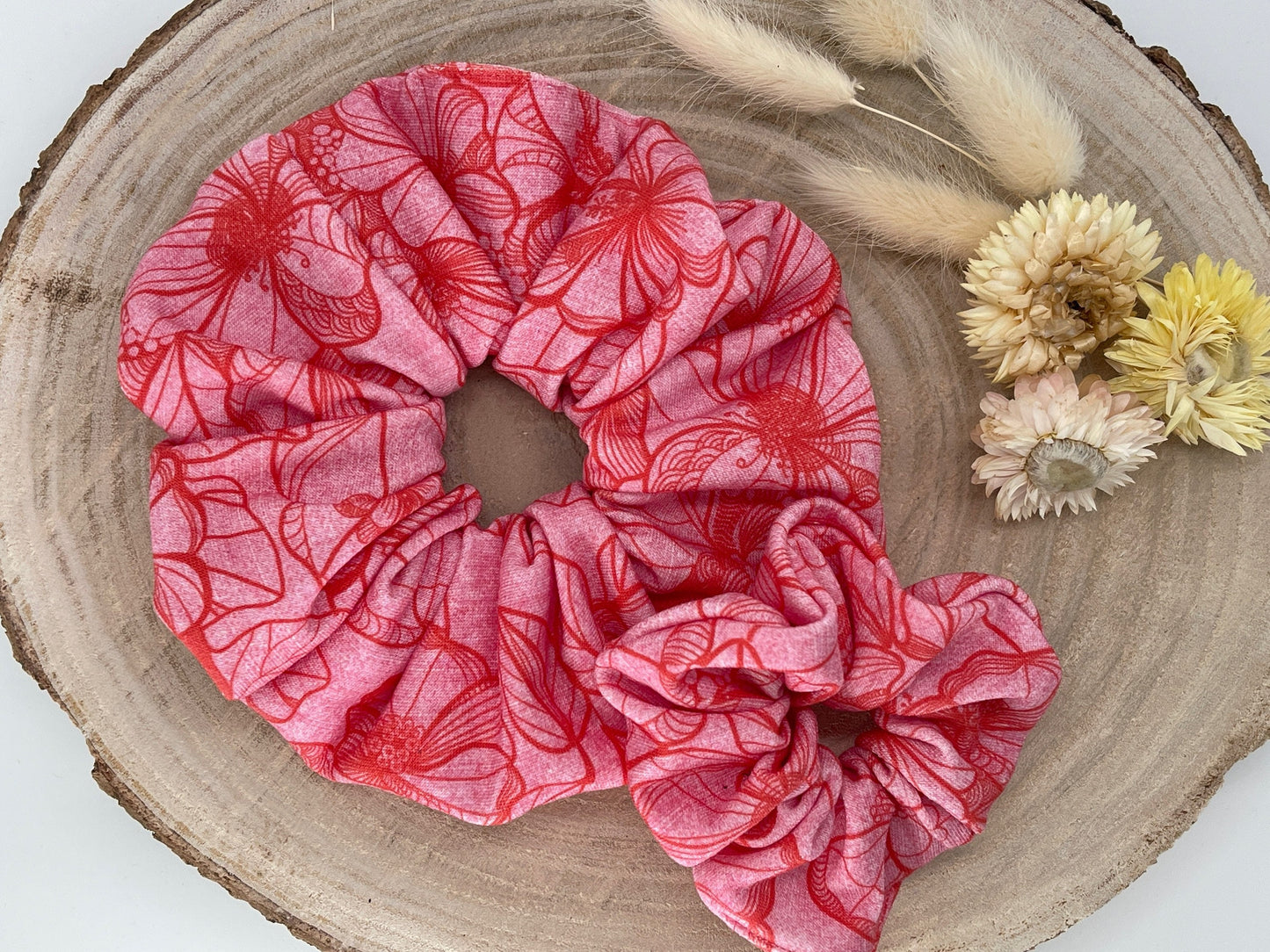 Scrunchie Haargummi elastisches Haarband rosa rote Blumen in groß und klein