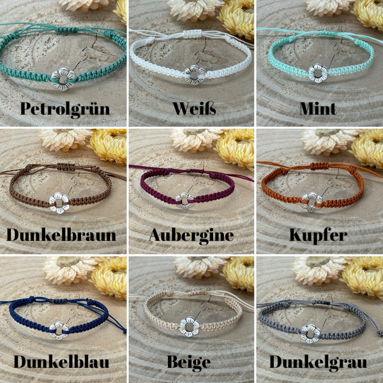 Makrameearmband Freundschaftsarmband Schmuck Armband mit silberfarbenes Edelstahl kleine Blume