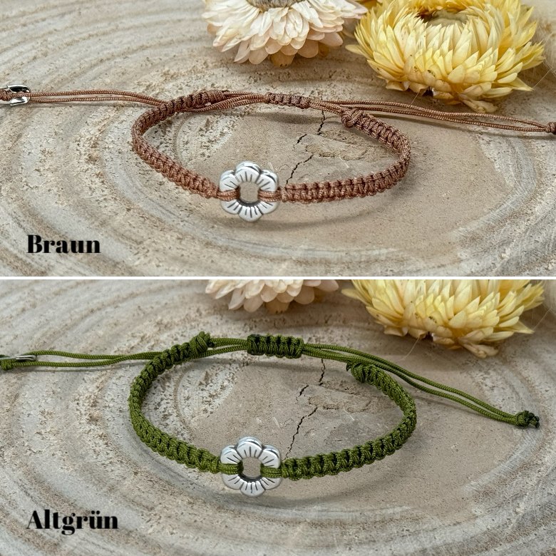 Makrameearmband Freundschaftsarmband Schmuck Armband mit silberfarbenes Edelstahl kleine Blume