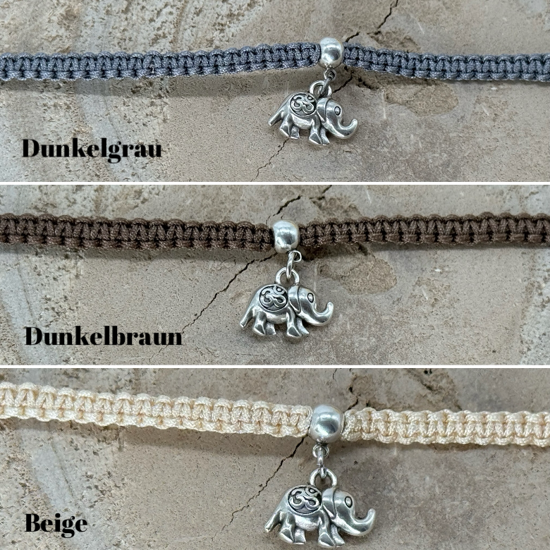 Makramee Fusskettchen Fussbändchen Schmuck Boho Hippie mit silberfarbenen Edelstahl Anhänger Elefant