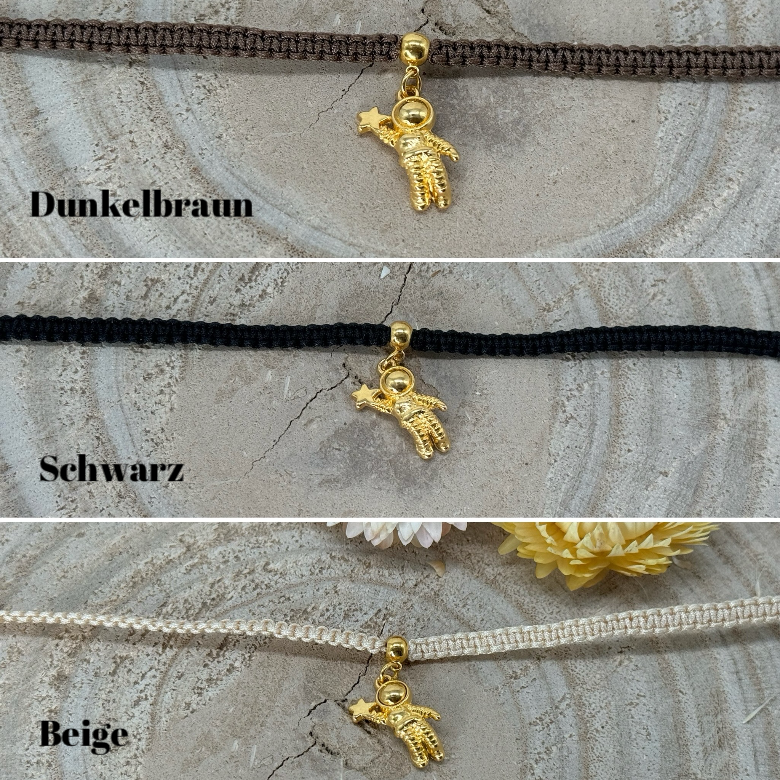 Makramee Fusskettchen Fussbändchen Schmuck Boho Hippie mit goldfarbenen Edelstahl Anhänger Astronaut