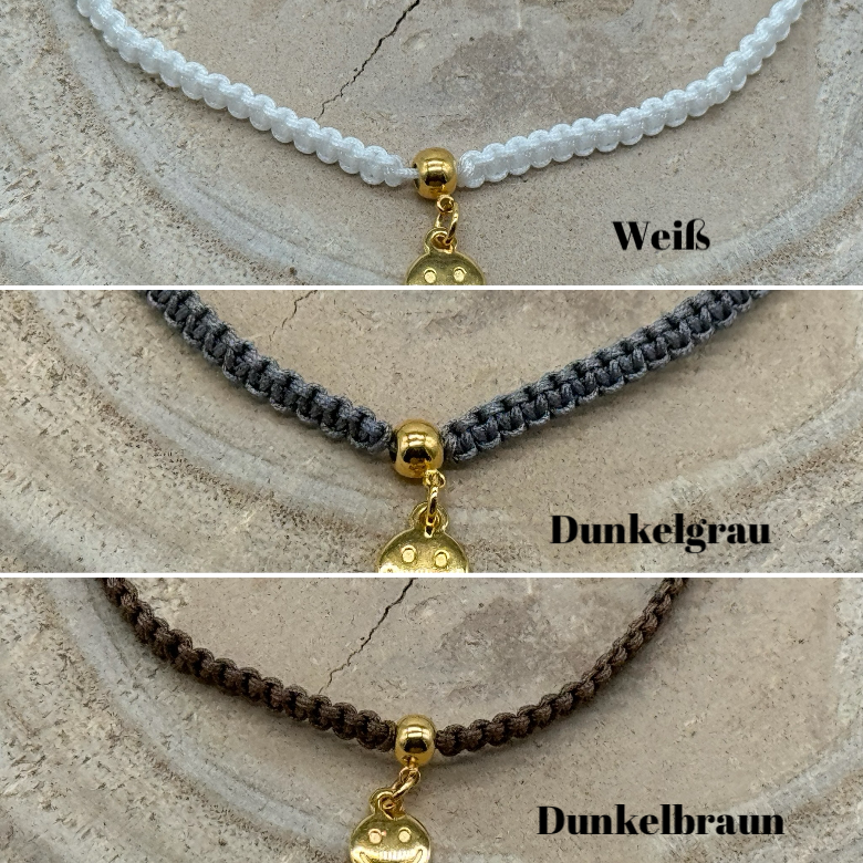 Makramee Fusskettchen Fussbändchen Schmuck Boho Hippie mit goldfarbenen Edelstahl Anhänger Smiley