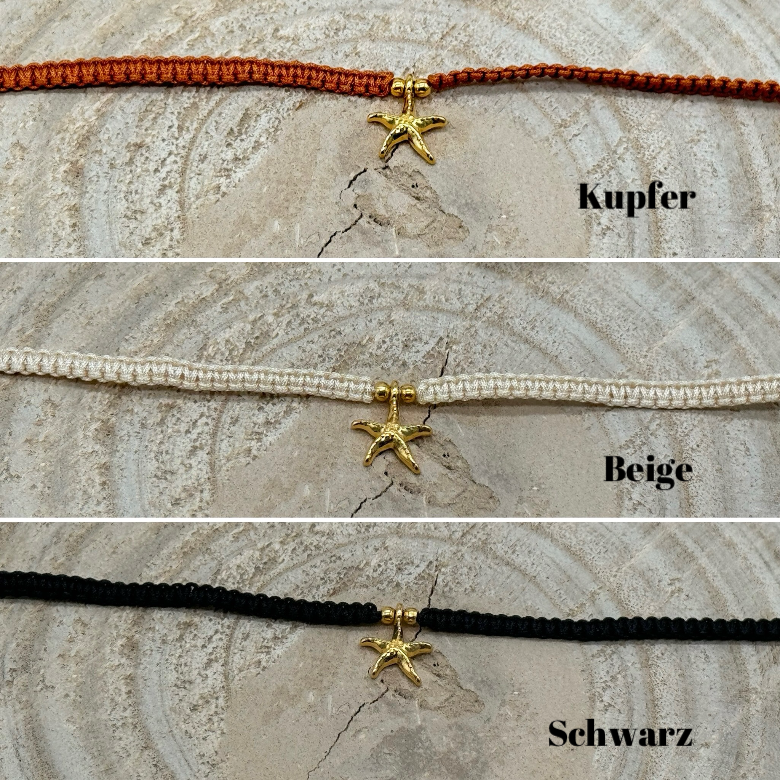 Makramee Fusskettchen Fussbändchen Schmuck Boho Hippie mit goldfarbenen Edelstahl Anhänger Seestern