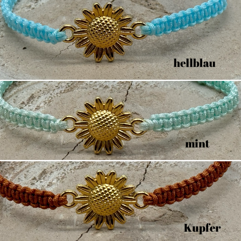 Makrameearmband Freundschaftsarmband Schmuck Armband mit goldfarbenes Edelstahl Anhänger Sonnenblume