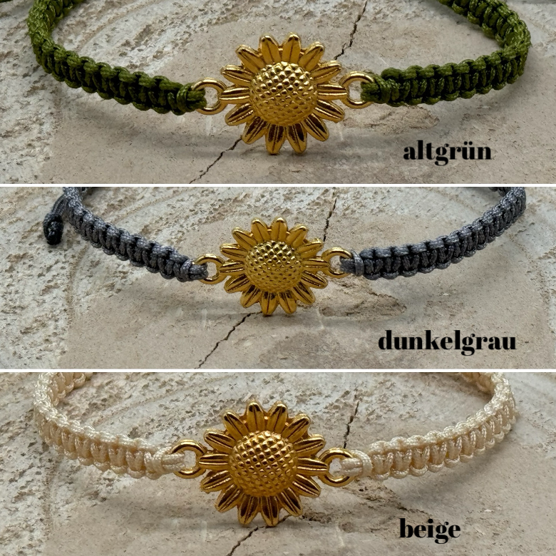 Makrameearmband Freundschaftsarmband Schmuck Armband mit goldfarbenes Edelstahl Anhänger Sonnenblume