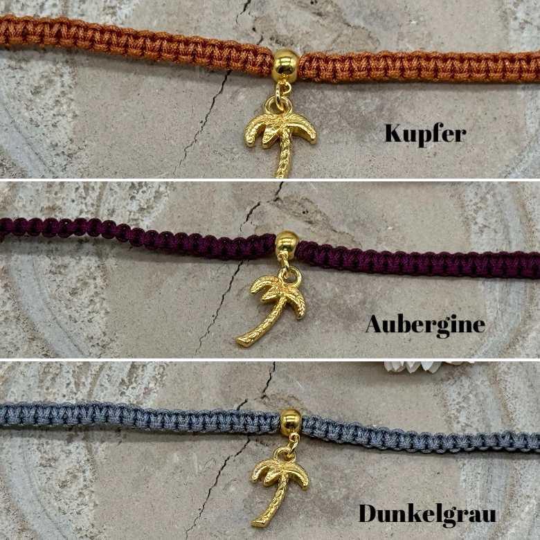 Makramee Fusskettchen Fussbändchen Schmuck Boho Hippie mit goldfarbenen Edelstahl Anhänger Palme