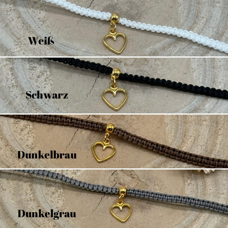 Makramee Fusskettchen Fussbändchen Schmuck Boho Hippie mit goldfarbenenEdelstahl Anhänger Herz