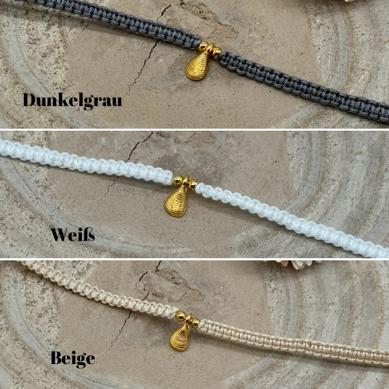 Makramee Fusskettchen Fussbändchen Schmuck Boho Hippie mit goldfarbenen Edelstahl Anhänger Muschel