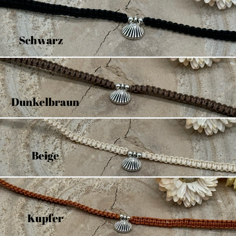 Makramee Fusskettchen Fussbändchen Schmuck Boho Hippie mit silberfarbenen Edelstahl Anhänger Muschel II