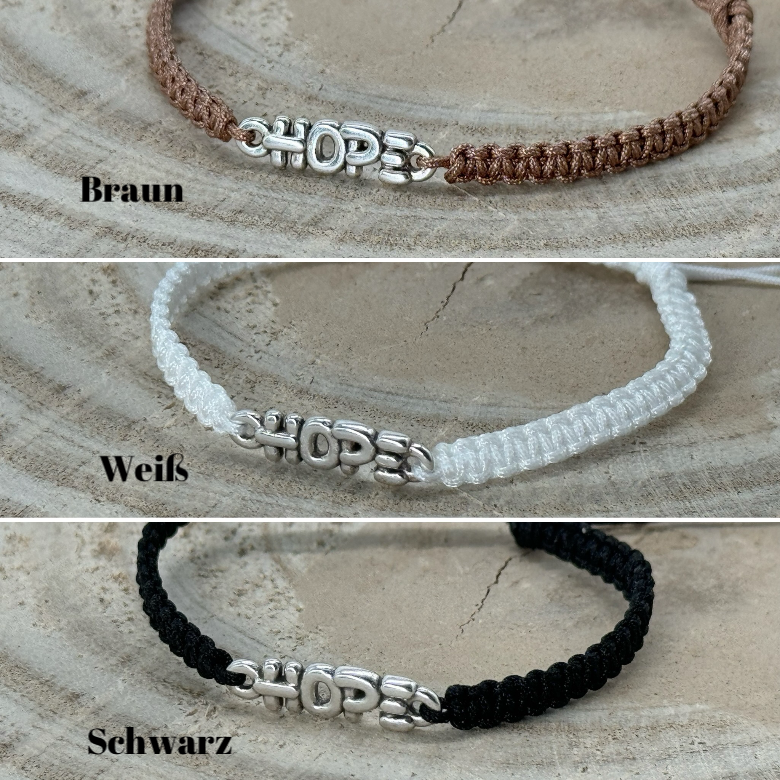 Makrameearmband Freundschaftsarmband Schmuck Armband mit silberfarbenen Edelstahl Anhänger HOPE Schrift