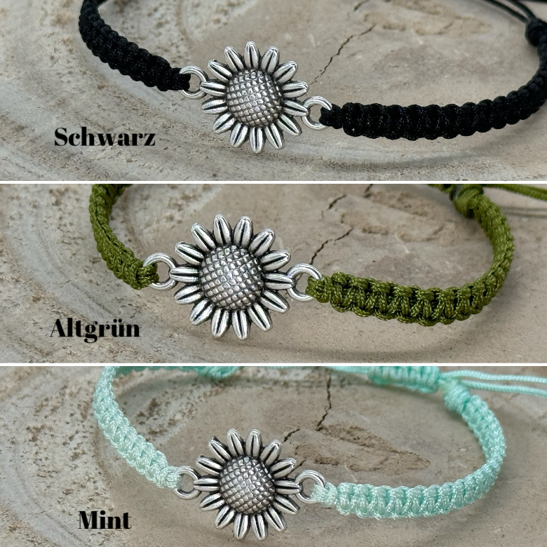 Makrameearmband Freundschaftsarmband Schmuck Armband mit silberfarbenen Edelstahl Anhänger Sonnenblumen