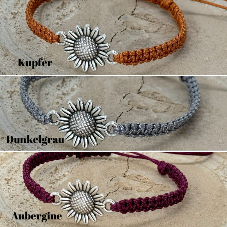 Makrameearmband Freundschaftsarmband Schmuck Armband mit silberfarbenen Edelstahl Anhänger Sonnenblumen