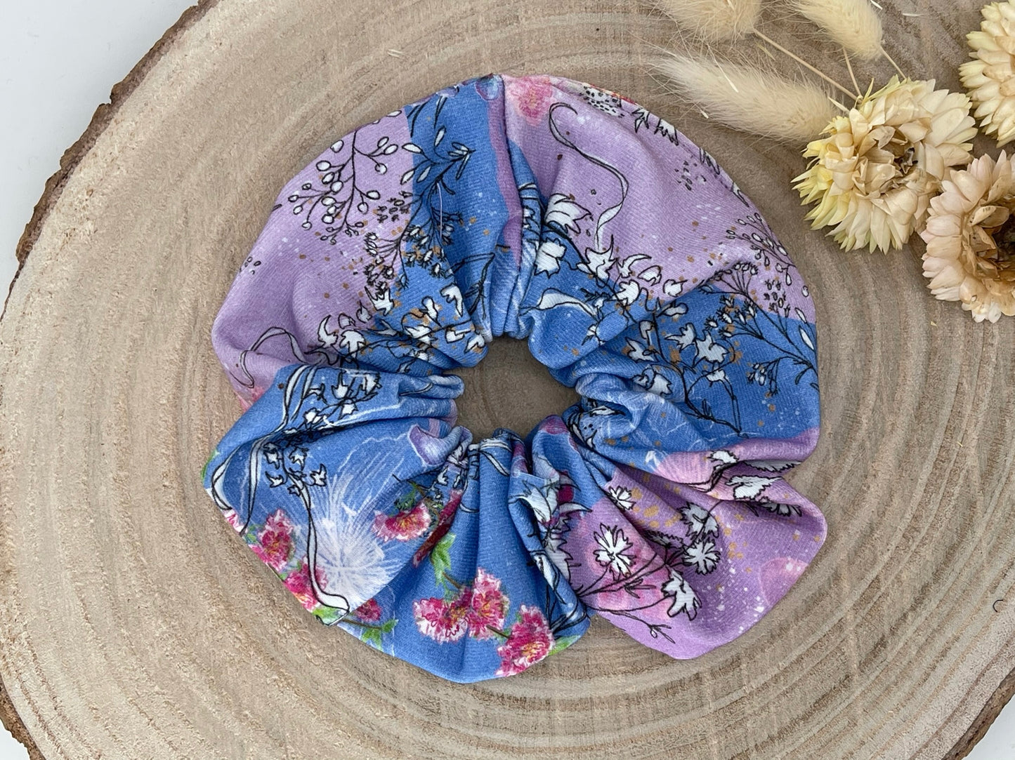 Scrunchie Haargummi Haarband blau lila mit Blüten Zweige