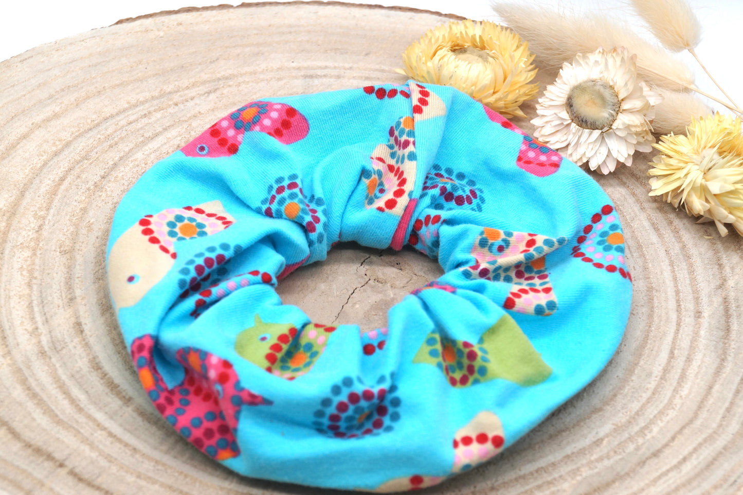 Scrunchie Haargummi elastisches Haarband Haarschmuck blau mit bunte Vögel für feines oder dickes Haar