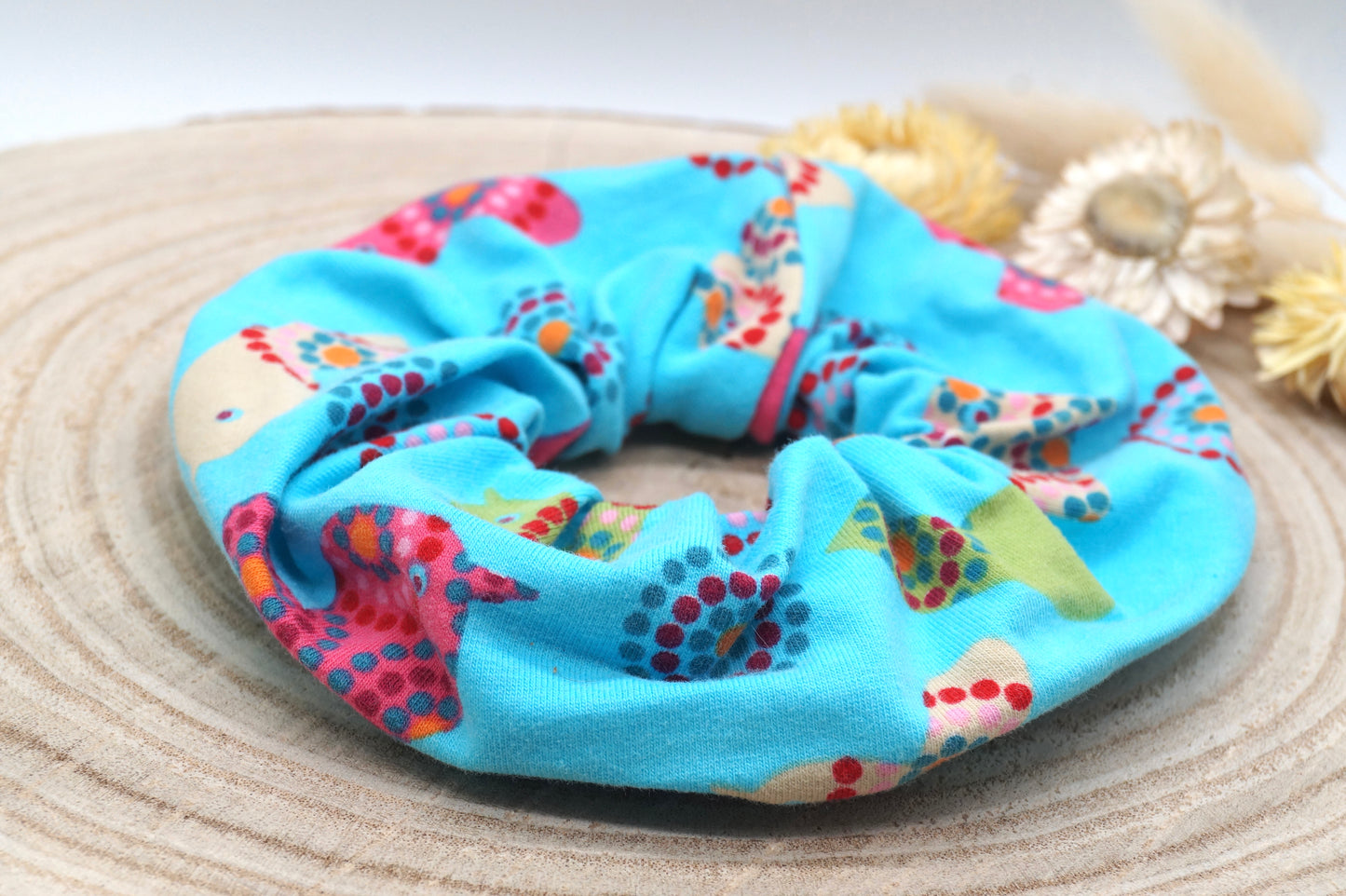 Scrunchie Haargummi elastisches Haarband Haarschmuck blau mit bunte Vögel für feines oder dickes Haar